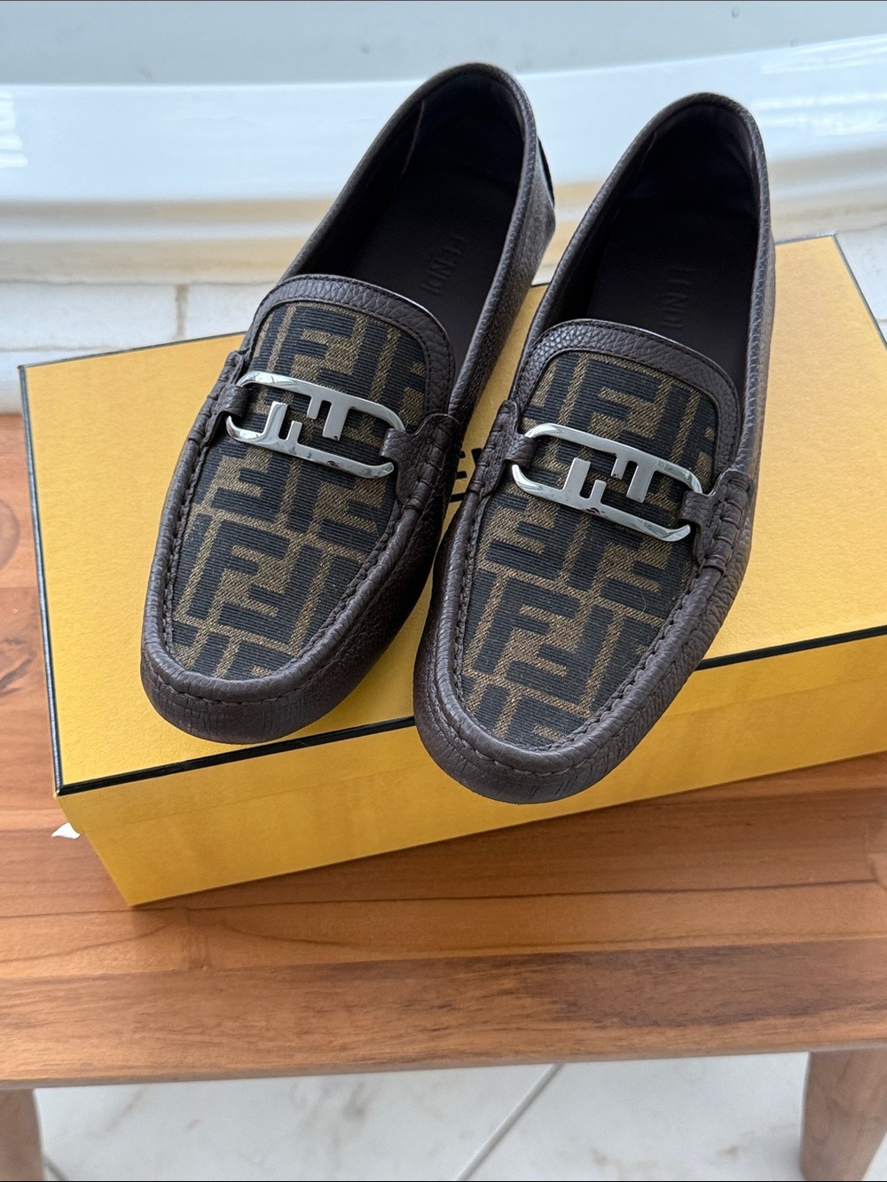 Fendi Brown Monogram Leather-Trim Men’s Loafers with Metal Bit fits size 9 Men’s